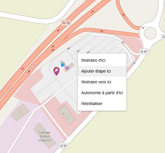 Carte montrant un itinéraire avec plusieurs points intermédiaires marqués