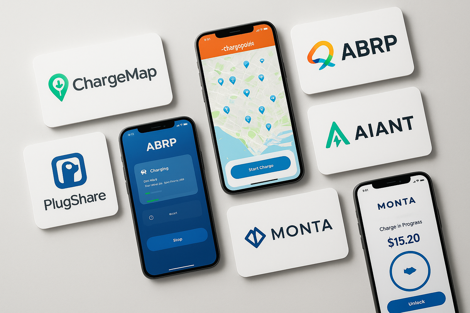 Photo montrant plusieurs cartes de recharge et applications mobiles organisées sur un tableau de bord