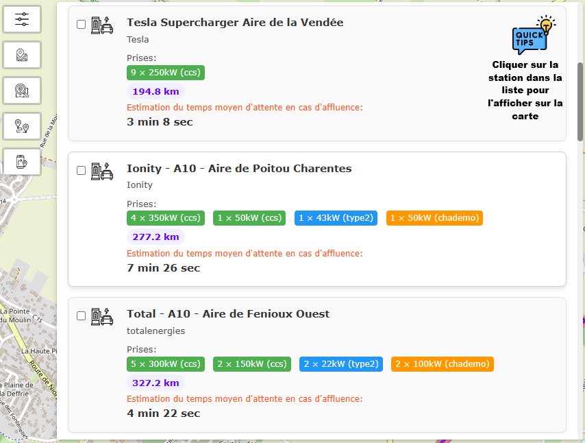 Capture montrant la carte avec de nombreuses bornes de recharge affichées