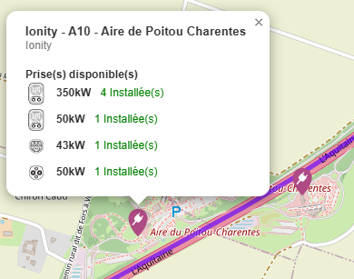 Popup d'information d'une borne de recharge montrant tous les détails