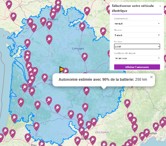 Carte montrant une zone d'isochrone colorée autour d'un point