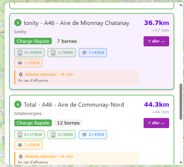 Liste des résultats du mode recharge rapide